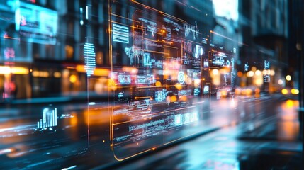 Fototapete - Digital overlay of data visualizations in a modern urban atmosphere during nighttime