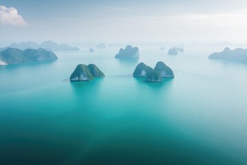 Poster - vibrant drone shot of ha long bay with limestone islands rising from emerald waters under bright sky