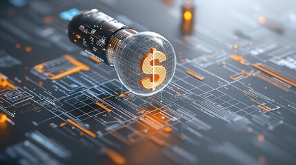 Poster - A digital rendering of a glowing dollar sign symbol floating within a complex transparent technological landscape featuring various circuit board and data visualizations