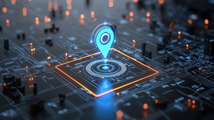 Poster - A futuristic digital map marker pulsating with a soft blue glow representing advanced location technology and connectivity in a complex electronic landscape