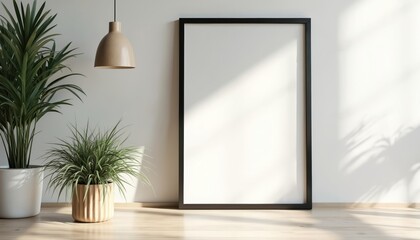 Poster - Mockup of black frame A3 size on white wall. Modern interior with blank poster, green plants, lamp. Template for design, art presentation. Frame stands on wooden floor.