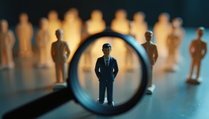 Poster - Magnifier focuses on manager figure among staff miniatures. HRM or Human Resource Management concept for leadership recruitment. Teamwork, leadership, HR as business strategy to search new employee.