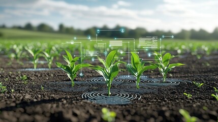 Poster - this image showcases a modern technologically advanced farm with lush healthy corn seedlings thrivin