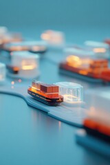 Poster - vibrant scene of digital cargo hub with ships and trains glowing in futuristic holographic environment