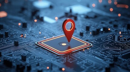 Poster - A detailed close up view of a high tech navigation system with a vibrant red location marker on a complex circuit board