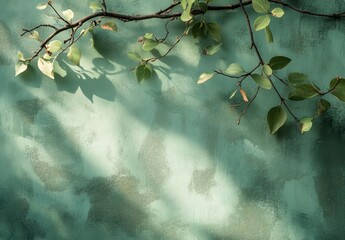 Poster - Fresh Green Leaves Against Textured Mint Background with Soft Shadows Creating a Natural and Serene Atmosphere for Wall Art