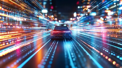 Poster - Fast-moving car on a neon-lit city street at night with vibrant light trails behind