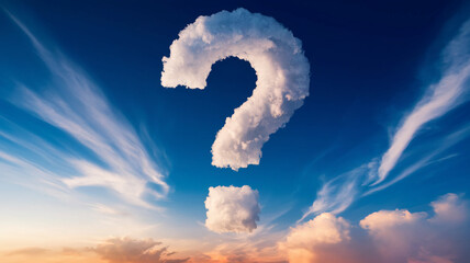 Poster - Cloud formation shaped as large question mark against blue sunset sky, symbolizing uncertainty, inquiry, or contemplation, ideal for conceptual designs
