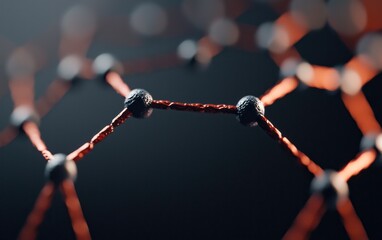 Poster - Abstract Network Structure: Interconnected Black Spheres and Orange Lines