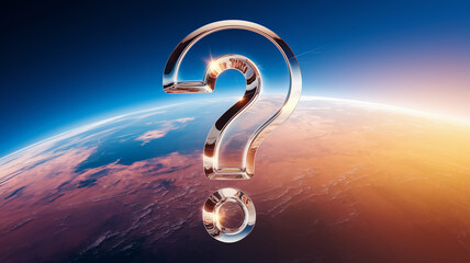Poster - Chrome large question mark against Earth backdrop at sunrise, symbolizing global questions, uncertainty, or future inquiries, ideal for news or science concepts