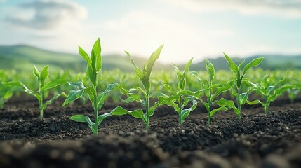 Poster - this image depicts a lush green landscape with rows of healthy corn plants growing in the soil the s