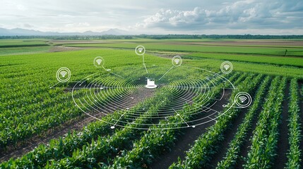 Poster - An aerial view of a futuristic technology driven farm showcasing a vast expanse of thriving corn crops monitored by advanced sensors and autonomous systems