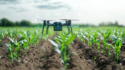 Poster - this image depicts an advanced agriculture technology concept showcasing a drone monitoring corn cro