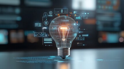 Poster - A futuristic and high tech digital scene featuring a bright illuminated lightbulb as a symbol of innovation creativity and the power of technology to drive progress and solutions
