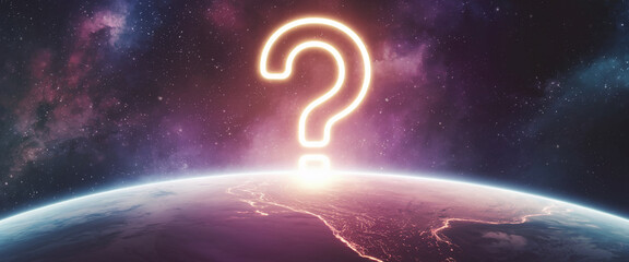 Poster - Glowing large question mark above planet Earth, set against a cosmic backdrop, representing curiosity, inquiry, and the universe's mysteries