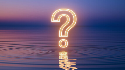 Aufkleber - Glowing large question mark on calm water surface, reflecting light, creating serene atmosphere, symbolizing uncertainty, inquiry, or contemplation