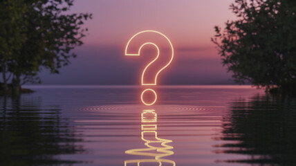 Fototapete - Glowing large question mark floats on calm water at sunset, reflected on the surface, surrounded by tranquil nature, symbolizing mystery, contemplation, and seeking answers.