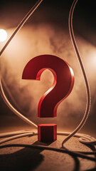Poster - Red large question mark on cube base, encircled by white cables, set against a hazy brown background, symbolizing inquiry, uncertainty, or problem-solving