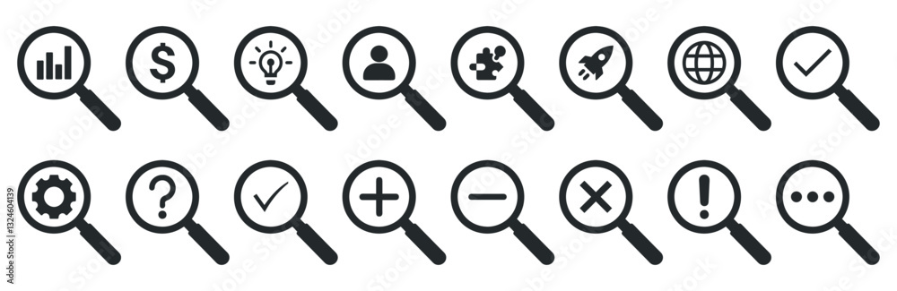 Magnifying Glass Icon Examining Various Mathematical Symbol. dollar ...