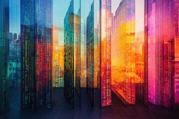Poster - This photo captures a vibrant cityscape featuring tall skyscrapers in its backdrop A colourful city skyline composed of server towers .