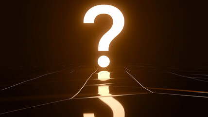Poster - Glowing white question mark on dark brown grid background, reflecting on glossy surface. Represents inquiry, uncertainty, or problem-solving concept