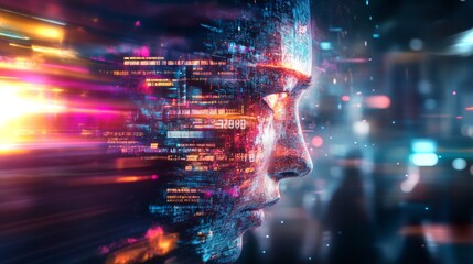 Poster - Stunning 4K animation of a futuristic face blending with digital elements and vibrant colors