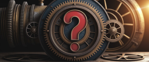 Aufkleber - Red question mark on bronze gear mechanism, showcasing mystery, problem-solving, or inquiry concept