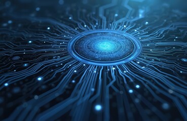 Poster - Close-up of futuristic AI circuit board. Artificial intelligence tech, machine learning concept. Electric paths transmit data. Innovative cyberspace computer microchip illustration. Generative AI