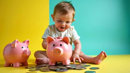 Poster - Young boy joyfully playing with a pink piggy bank, surrounded by coins and dollar bills. Concept of: financial literacy, childhood learning, savings, playful money management, early education