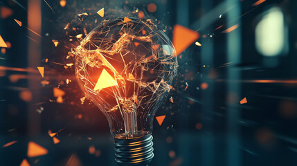 Fototapete - Broken light bulb. Digital lightbulb at the moment of destruction. Abstract fragility concept. Technology burst bulb in polygons, lines, and transparent shapes. 3D wireframe vector illustration.