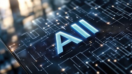 Fototapete - Abstract background showcases AI with glowing letters and connections amidst a dark setting of bokeh lights