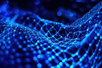 Poster - Glowing blue mesh undulating against a dark background creates a mesmerizing visual experience, glowing blue mesh moving over dark background