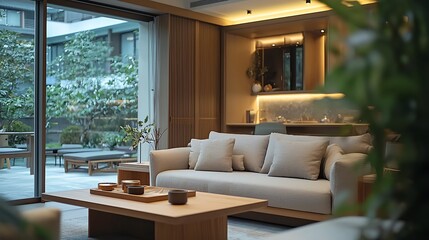 Poster - Modern Minimalist Living Room Design with Garden View