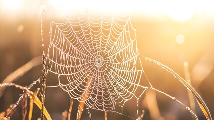 Dew Covered Spider Web Illuminated By Golden Morning Sunlight