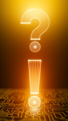 Poster - Glowing question mark and exclamation point on circuit board background, suggesting technological query and alert, suitable for tech support or problem-solving concepts