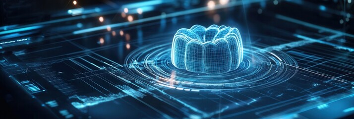 Leinwandbilder - Modern holographic interface showcases a 3D rotating dental implant with digital effects and blue light scanning