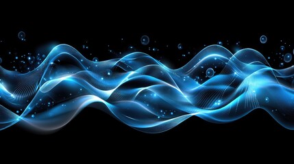 Fototapete - Blue sound waves undulate across a dark background, illuminated by glowing lights and digital data, creating a dynamic atmosphere
