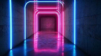 Poster - Neon Tunnel of Light: Captivating illuminated neon lights casting a colorful glow down a tunnel corridor with a reflective surface.