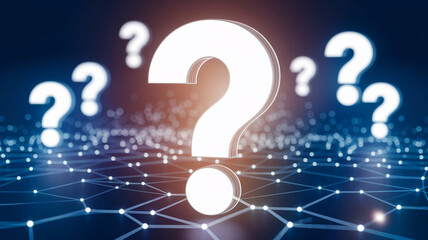 Poster - Large white question mark on a network background, surrounded by smaller question marks, symbolizing inquiry, uncertainty, or the search for knowledge and answers