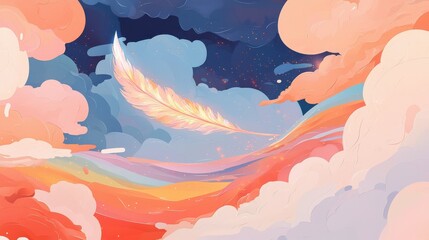 Poster - Colorful abstract feather floating through a whimsical cloudy sky, dreamlike scene, fantasy background