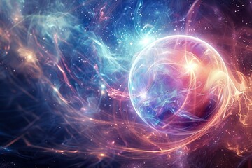 Poster - Abstract representation of a glowing orb surrounded by swirling blue and orange energies in a cosmic setting