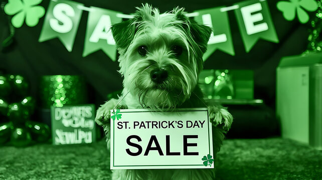  Lucky Deals! St. Patrick’s Day Sale Banner with Adorable Dog, St.Patrick's day sale background for advertising, banners, leaflets and flyers, created with generative ai