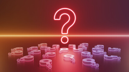 Poster - Neon question mark glows above smaller glass question marks on a gradient red surface, symbolizing inquiry, uncertainty, or FAQ concept