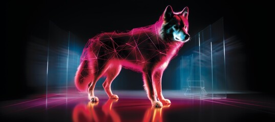 Poster - Holographic projections of animals  a shimmering wolf and bird in captivating illumination