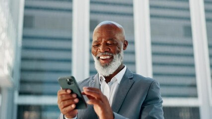 Poster - Happy, city and business black man with phone for social networking, connection and contact. Professional, corporate and mature person in town on smartphone laugh for message, website and internet