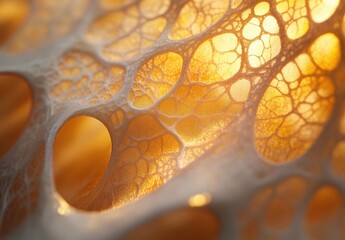 Poster - Intricate Macro Structure of Organic Material with Transparent Patterns Illuminated from Behind, Showcasing Natural Textures and Shapes