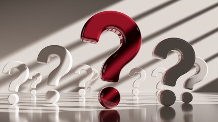 Fototapete - 3d rendering of question marks in red, white, and gray, glossy texture, on a reflective surface, sym
