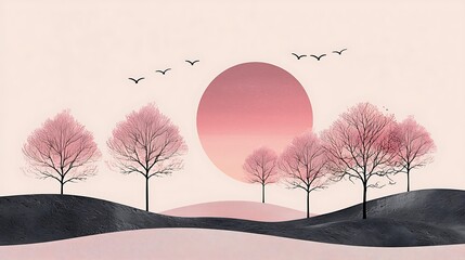 Aufkleber - Pink Tree Sunset Minimalist Landscape Illustration