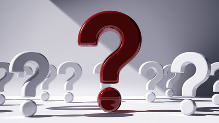 Poster - Red question mark stands out among white ones, symbolizing unique solution or important question,  against a simple background, creating a minimal concept