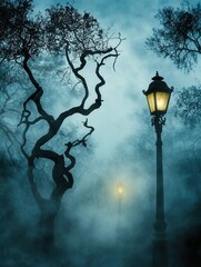 Poster - Eerie fog rolls through a dark forest illuminated by a single dim street lamp in the distance